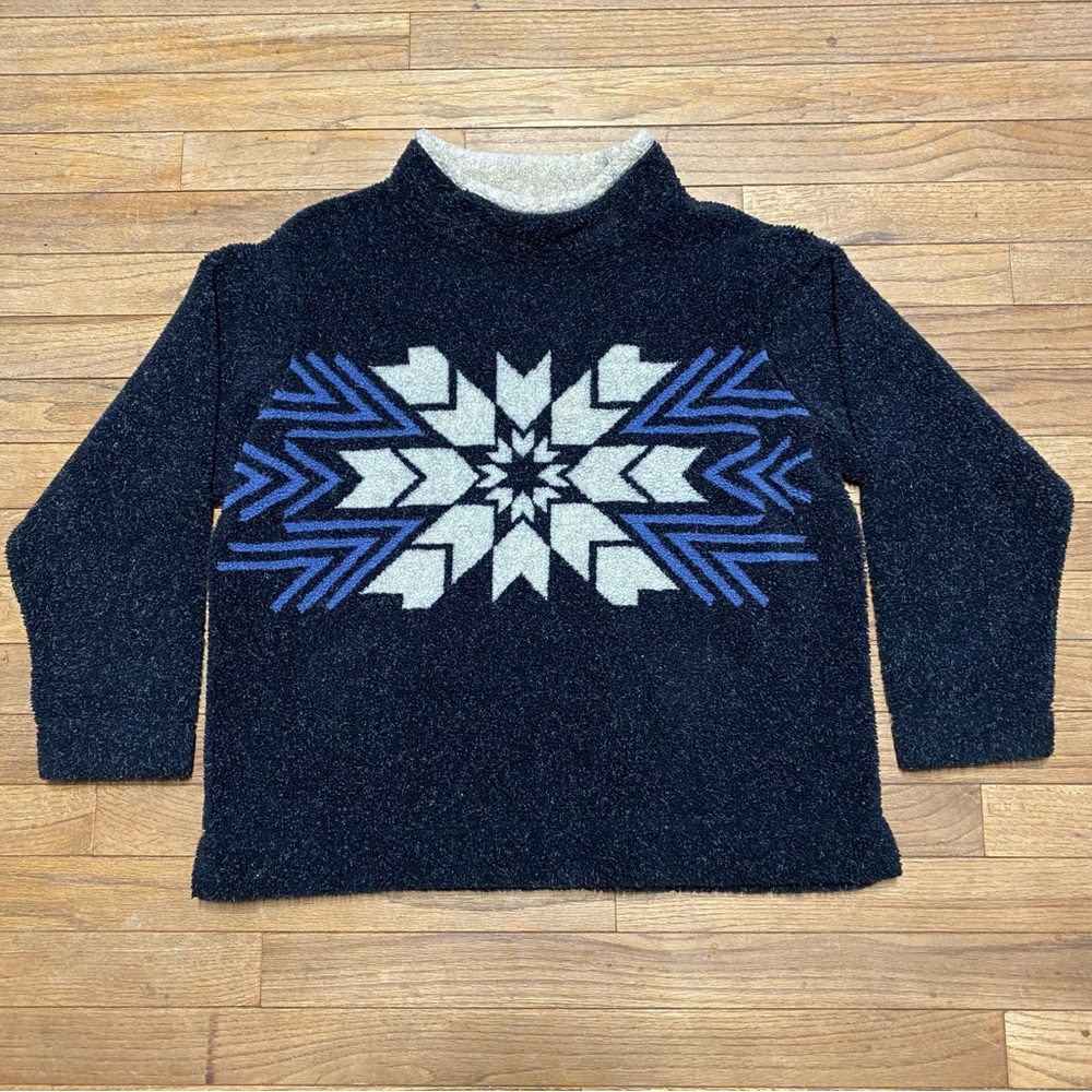 Cabela's Mock Neck Pullover Black Fleece Snowflake Print Sweater Women's Size XL